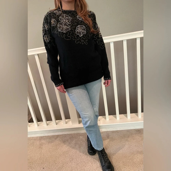 Vintage Retro Shannan black beaded embellished wool angora sweater Size Large - Picture 3 of 11